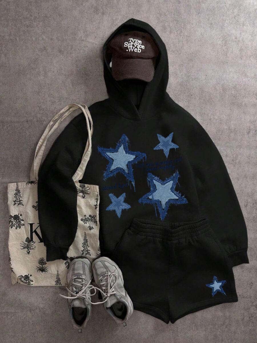 2 pcs Conjunto suadera y short mujer sudadera con capucha short resorte estampado ESTRELLA IMITACION MEZCLILLA otoño invierno cómodo excelente calidad - Negro - Ver 1
