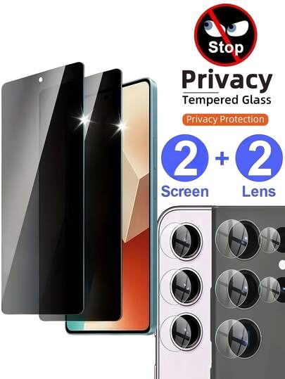 Película protectora de vidrio templado 4 en 1 (2 piezas) anti espionaje, compatible con Samsung Galaxy//Redmi//Honor/POCO, resistente a caídas y arañazos, fácil de colocar, incluye 2 piezas de protector de lente de cámara