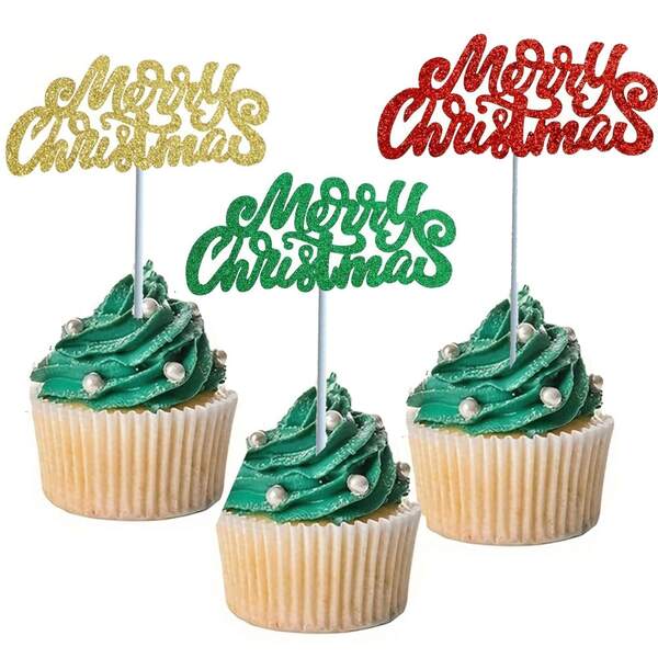 24pcs Merry Christmas Cupcake Toppers, Glitter Gold Green Red Cake Toppers Decoration For Celebrations Xmas Christmas Supplies Favors