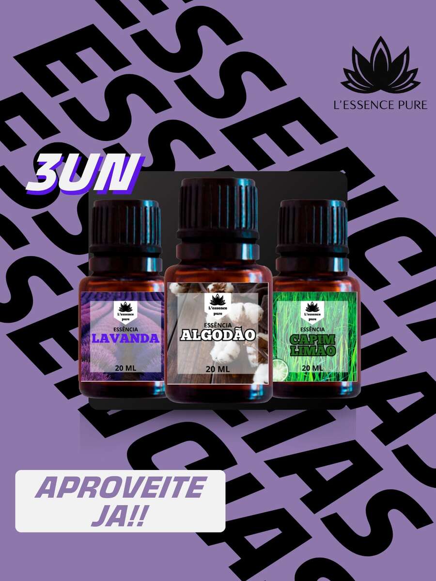 Kit Com 03 Essências para Umidificador de Ar, 20ml, Aromáticas, Difusor e Aromatizador, +10 Fragrâncias - Lavanda | Algodão | Capim Limão - Visão 1