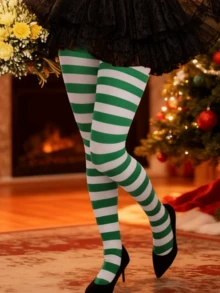 1 pieza Medias de Navidad a rayas verdes y blancas, medias de bastón de caramelo festivas para mujeres, divertidas y llamativas para cosplay navideño (talla única), cómodas - Multicolor - Ver 1