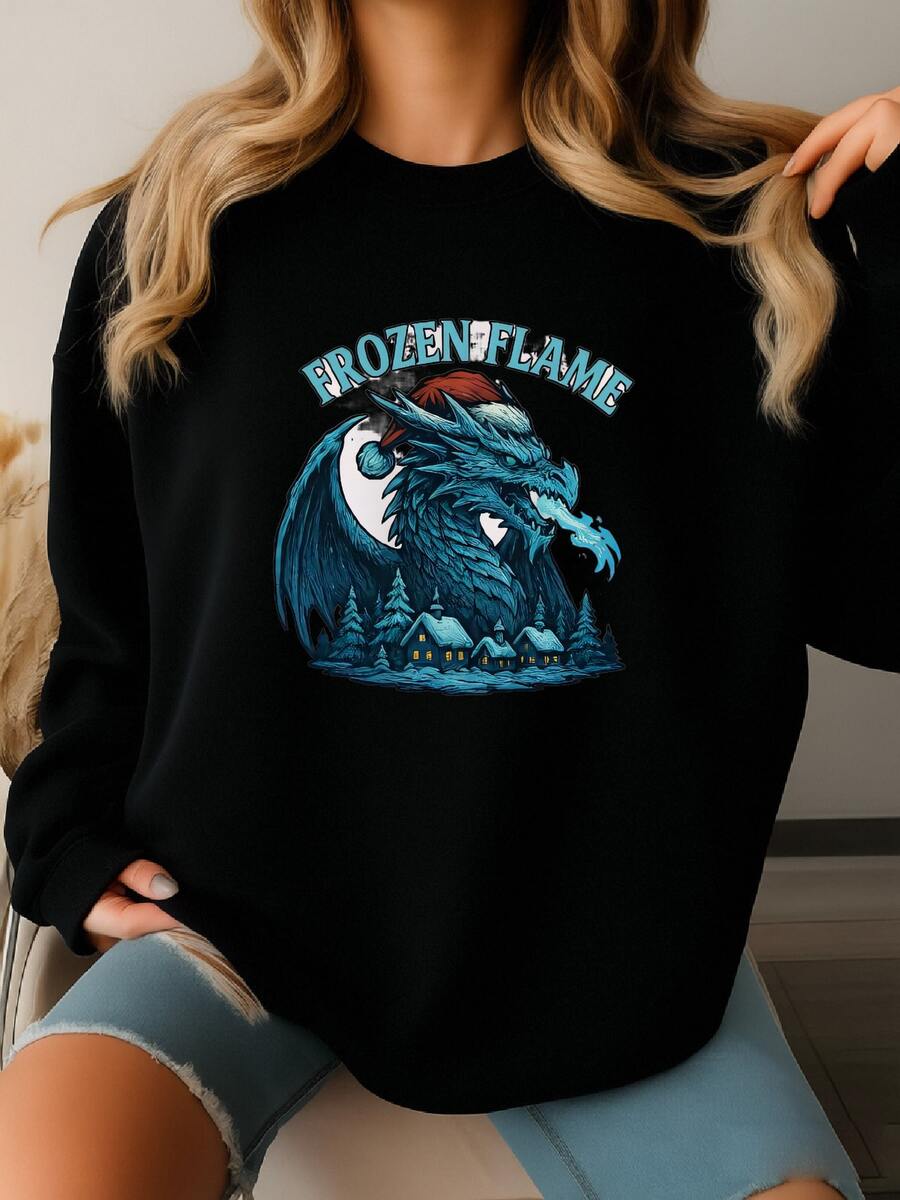 Frozen Flame Dragon Christmas Sweatshirt, Gothic Winter Pullover, Fantasy Holiday Sweater, Dragon Fire Xmas Gift Sweatshirt - 黑色 - 查看 1