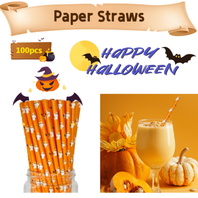 100 Pcs/Pack Halloween Paper Straws & Orange Background With White Ghosts - 6*197mm | Suitable For Halloween, Birthdays, Practical Decoration, Halloween Ghost Party Decoration