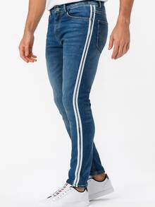 Jeans SLIM con Franjas Laterales de Excelente Calidad, Mezclilla Gruesa y Durable, A la Moda, Diseño Moderno, Estilizables y Combinables, Diferentes Colores, Multi Estilos. - Azul 2 F - Ver 1