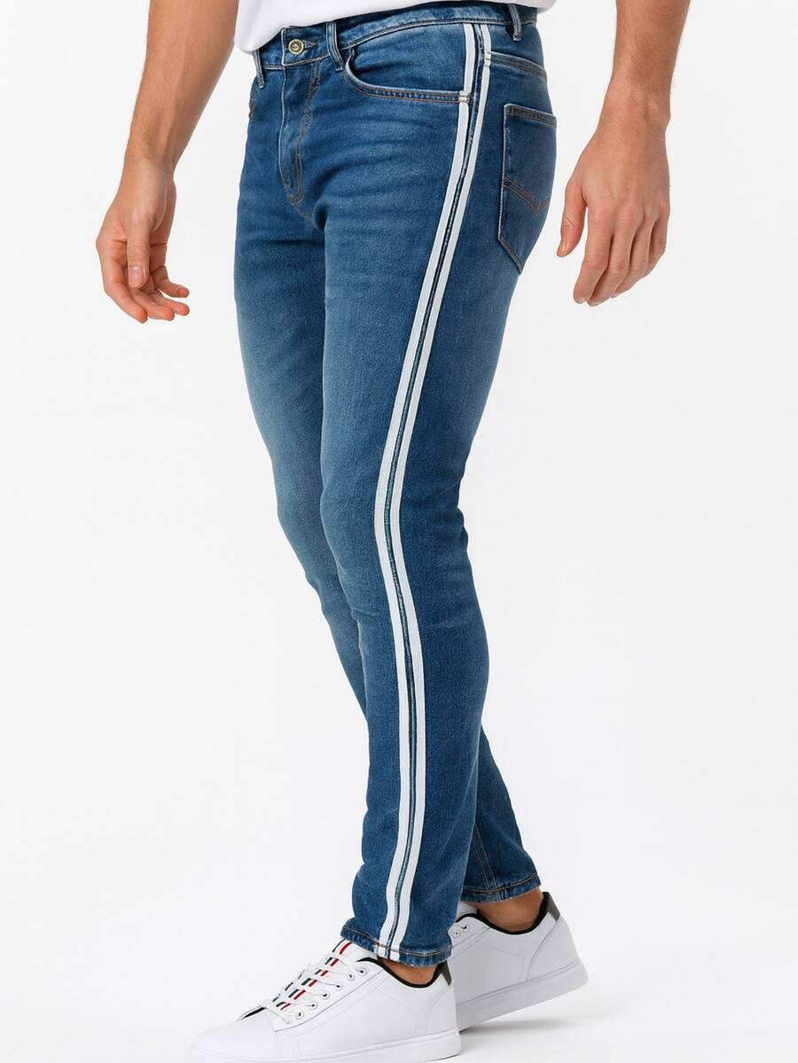 Jeans SLIM con Franjas Laterales de Excelente Calidad, Mezclilla Gruesa y Durable, A la Moda, Diseño Moderno, Estilizables y Combinables, Diferentes Colores, Multi Estilos. - Azul 2 F - Ver 1