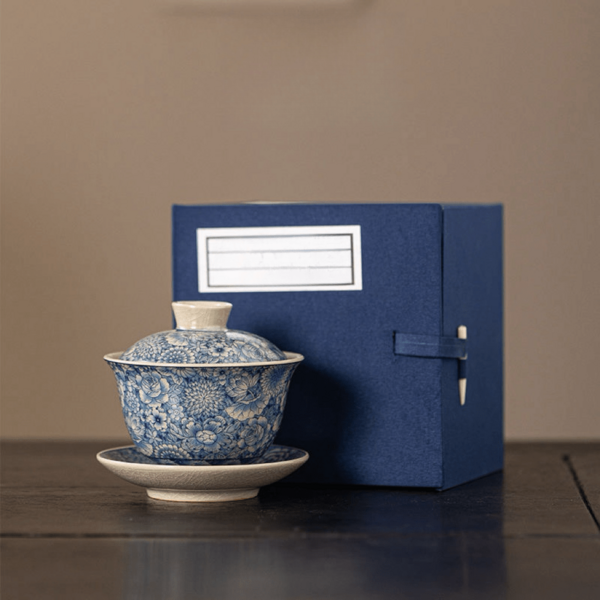 1pc Vintage Blue And White Porcelain Three Pieces Lid Bowl Home Tea Set With Ancient Style For Tea Brewing