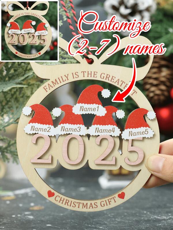 Custom Santa Hat Christmas Ornament, Personalized Family Christmas 2025 Ornament, Customizable Text Christmas Tree Decorations, Merry Christmas, First Christmas, Family Name Ornament, Christmas Home Decor, Customized 2-7 Names Wood Christmas Gifts, Warm Family, Christmas, Family, Dad, Mom, Kids