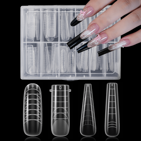 96 piezas Kit de formas de uñas transparentes - 4 estilos y 12 tamaños, molde de cobertura completa para extensiones de acrílico y poligel