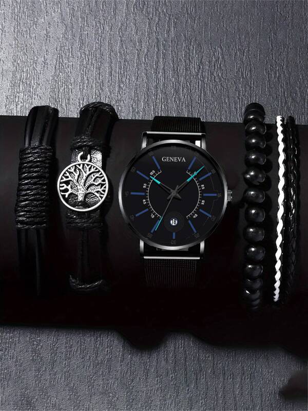5pcs Set: Fashionable Men's Quartz Watch, Stylish & Minimalist + Versatile Beaded Bracelet