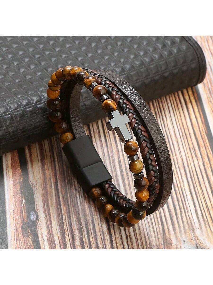 Vòng tay da nhiều lớp hình chữ thập, Vòng tay đá hổ phách tự nhiên đính hạt, Vòng tay đá mắt hổ bện thủ công thời trang cá nhân hóa, Phụ kiện vòng tay hình chữ thập cho nam - Vòng tay mắt hổ - Xem 1