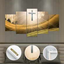 5 pièces/set Affiches d'art mural moderne, affiches sur canevas religieuses encadrées ou non encadrées, peinture de paysage de prairie avec croix, ensemble d'impressions d'images modulaires sur canevas, peinture murale œuvre d'art imperméable et sans odeur pour cadeau à la famille et aux amis, chambre à coucher, salon, décoration murale, décoration de la maison et du dortoir