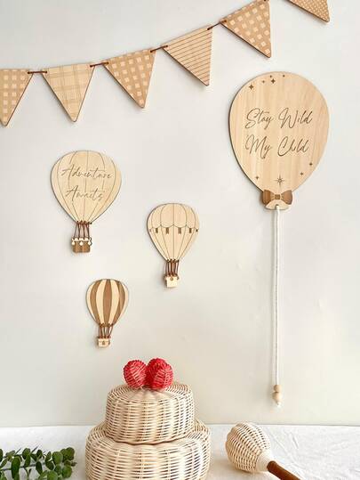 Nordic Wooden Hot Air Balloon Wall Decals - Nursery Decor, Natural Theme Birthday Party And Forest Theme Photography Props