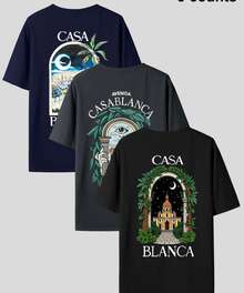 Casa Blanca Streetwear 3-Piece Set, 100% Cotton Round Neck, Casual Basic, Printed Front And Back - Xanh nước biển Chì đen - Xem 1