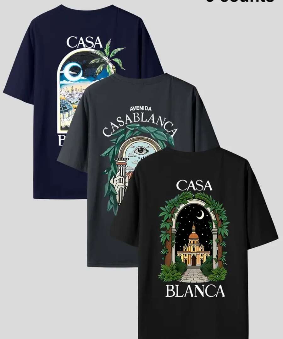 Casa Blanca Streetwear 3-Piece Set, 100% Cotton Round Neck, Casual Basic, Printed Front And Back - Xanh nước biển Chì đen - Xem 1