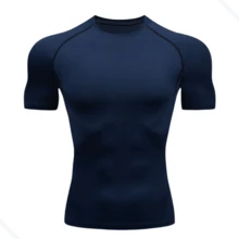 RASH GUARD SHIRT PLAIN COMPRESSION T-SHIRT SHORT SLEEVE WORKOUT GYM - Azul Marino - Ver 1