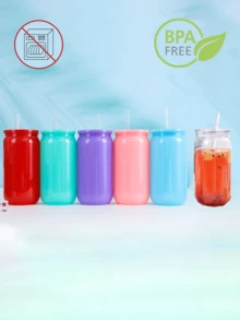 1PC/6pcs Colorful Plastic Cups With Lids And Straw PET Can Replacement For Water Bottle Shaped Cute Tumbler Drinking Plastic Cups For Party, Coffee, Milk Outdoor Sippy Cup Simple