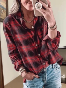 Womens Casual Plaid Flannel Shirt Long Sleeve Button-Front Collared - 紅色 - 查看 1