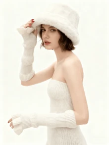 1. Chapéu de pelúcia feminino, grosso, rosto pequeno, chapéu tipo balde com acabamento em pele sintética, combinado com punhos de manga alargada de malha, quente para acessórios de inverno