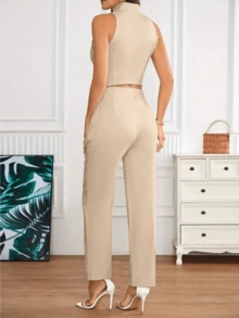 2 piezas Conjunto de chaleco y pantalones sin mangas para mujer, atuendo casual de otoño - Blanco - Ver 2