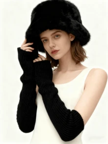 1. Chapéu de pelúcia feminino, grosso, rosto pequeno, chapéu tipo balde com acabamento em pele sintética, combinado com punhos de manga alargada de malha, quente para acessórios de inverno