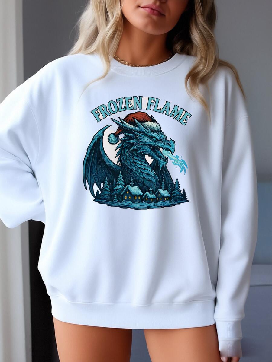 Frozen Flame Dragon Christmas Sweatshirt, Gothic Winter Pullover, Fantasy Holiday Sweater, Dragon Fire Xmas Gift Sweatshirt - trắng - Xem 1
