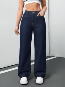 Elegantes jeans de mezclilla de pierna recta larga para mujer, tejido altamente elástico con botón y cremallera para un ajuste elegante. - Azul - Ver 6