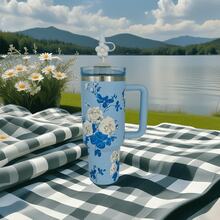 1pc,40 Oz H2.0 Cup,Camping Full Body Floral Pattern, 40oz Cup Stainless Steel Vacuum Insulated Tumbler With Lid And Straw For Water, Iced Tea Or Coffee, Smoothie And More, 40oz Reusable Double Walled Vacuum Insulated Stainless Steel Water Bottle With Handle For Outdoor Activities, ,  For Camping, Hiking, Can A Gift For Friends And Relatives - 40oz繁花藍 - 查看 6