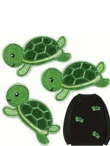 3pcs Green Turtle Iron-On Patches - Embroidered Patches For Clothing, Backpacks, Hats, Etc. - Casual Style - Made Of Polyester, Computer Embroidered, Cartoon Animal & Fruit Fabric Patches, Clothing Accessories, Decoration For Hats And Journals, Embroidery Patches - Multicolor - View 3