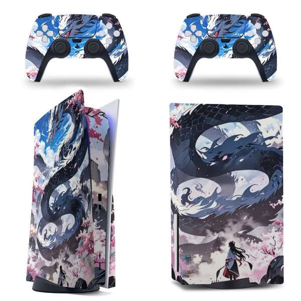 Pegatina del Dragón Mítico vs Guerrero para PS 5 - Pintura de tinta fantasía Vinilo Skin Decal para disco y consola digital y set de controlador