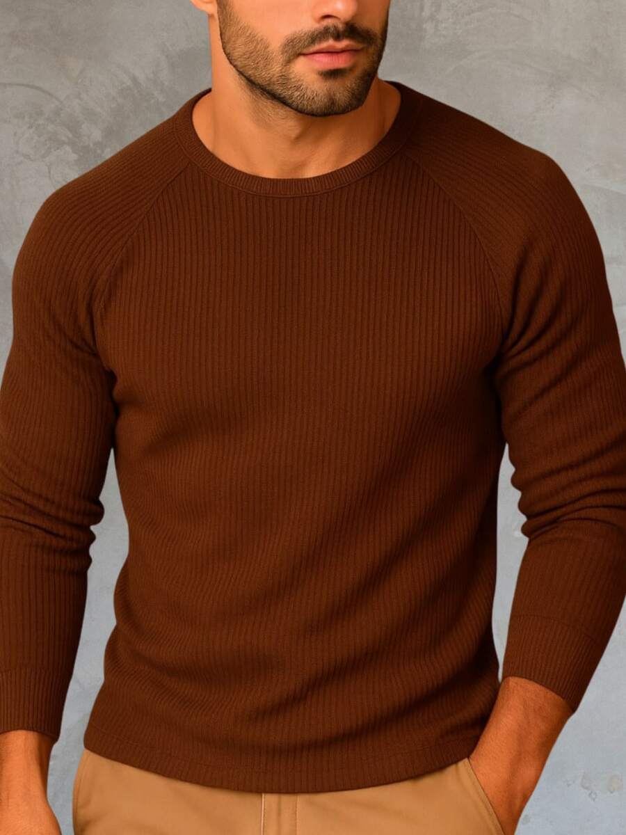 Long Sleeve Ribbed Raglan T-Shirt - MÀU NÂU - Xem 1