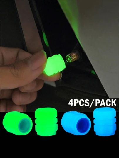 4pcs Glow In The Dark Tire Valve Caps, Universal Fluorescent Tire Valve Stem Covers, Absorb Light During The Day And Glow For Long Time. The Car Glow Valve Caps Come In Green, Pink, Blue And Yellow Colors. Suitable For Car, SUV, Motorcycle, Bicycle And Truck Tire Valve Stems.