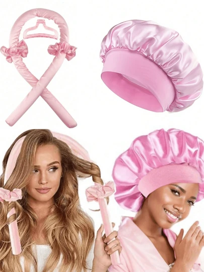 5pcs/Set No Heat Hair Curler And Satin Sleeping Cap Set, Heatless Hair Curling Headband, Hair Claw Clip, Hair Rings, Soft Sleeping Hat Includes Headband, Clip, Scrunchies & Bonnet For All Hair Types, Perfect For Long & Short Hair For Women Natural Curly Beauty Home Hair Accessories