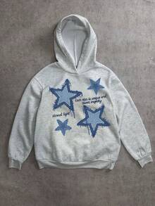 2 pcs Conjunto suadera y short mujer sudadera con capucha short resorte estampado ESTRELLA IMITACION MEZCLILLA otoño invierno cómodo excelente calidad - Gris Claro - Ver 3