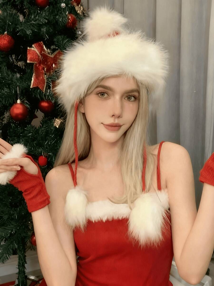 1 件蓬松流苏圣诞帽，圣诞氛围帽，温暖挂球针织帽，适合秋冬季 - 彩色 - 查看 1