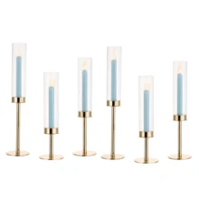 优雅浪漫 6/3 件套烛台套装，金色金属和玻璃锥形烛台，配玻璃灯罩，用途广泛，适用于婚礼、圣诞节、万圣节、圣帕特里克节、情人节装饰