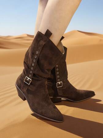 Merlot Color Boots, Retro Pointed Toe Western Boots For Fall/Winter 2025, Versatile Buckle Strap Chunky Heel Suede Mid-Calf Boots, Solid Color Riding Boots, Slip-On Slouchy Boots, Boots, Cowboy Boots