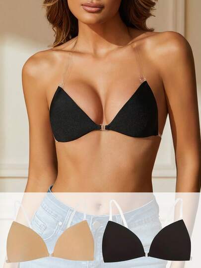 1/2pcs Women's Black Triangle Cup Invisible Adhesive Bra With Removable Straps