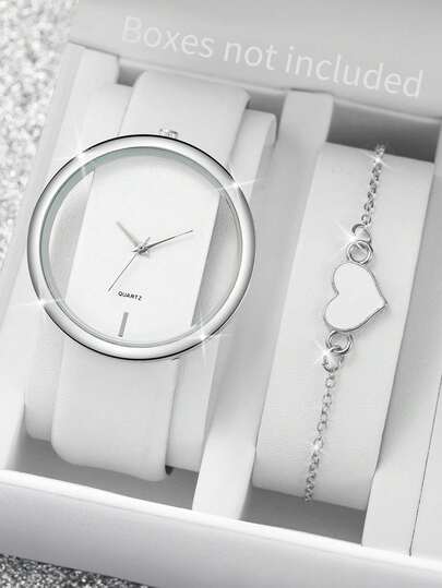 Set de 2 piezas: Reloj de mujer con correa, reloj de pulsera de cuarzo clásico con esfera hueca minimalista y elegante + pulsera con forma de corazón (caja del reloj no incluida)