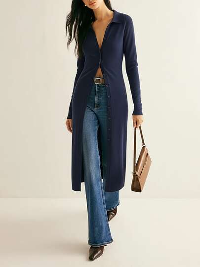 Women's Elegant Casual Knitted Mid-Length Cardigan, Solid Color Lapel Single-Breasted Split Slim Design, Fashion Commuter Elegant Style, Vintage Chic, Ladies' Street Wear, Autumn/Winter