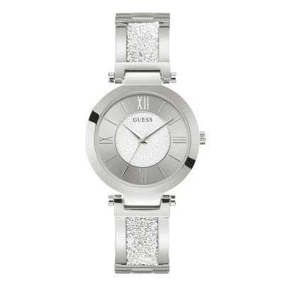 Guess Reloj de mujer de cuarzo con caja de acero inoxidable y espejo resistente a los arañazos de la serie Aurora W1288L1