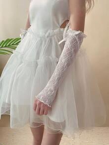 1/2 对/套女士尼龙蕾丝手套，长袖套，带褶边细节和领结，防晒时尚配饰 - 彩色 - 查看 2