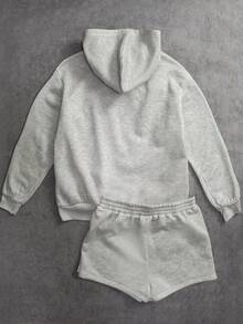 2 pcs Conjunto suadera y short mujer sudadera con capucha short resorte estampado ESTRELLA IMITACION MEZCLILLA otoño invierno cómodo excelente calidad - Gris Claro - Ver 2