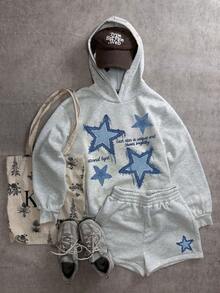 2 pcs Conjunto suadera y short mujer sudadera con capucha short resorte estampado ESTRELLA IMITACION MEZCLILLA otoño invierno cómodo excelente calidad - Gris Claro - Ver 1
