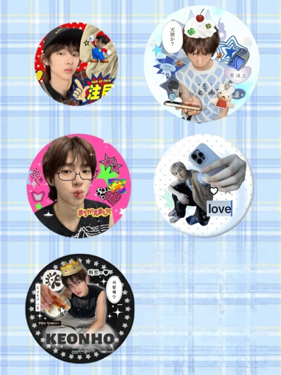 Insignias de personajes ilustrados vibrantes con diseños de texto - "KEONHO", "¿Ángel?", "Amor" con decoración de estrellas y corazones - Excelente para ropa, bolsos, eventos de fans