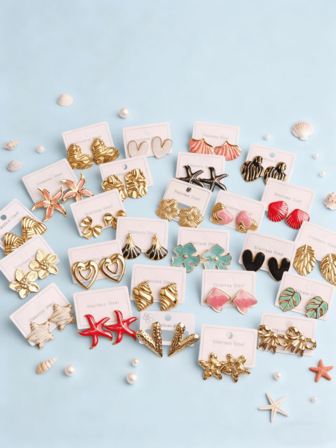 5/8/10/12/15对珐琅不锈钢耳环女士时尚复古精致彩色海星贝壳花朵叶子形状生日度假旅行日常珠宝配饰