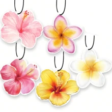 Ambientador de coche con flor de hibisco | Set de 5 piezas de accesorios de coche con aroma duradero y diseño lindo en color rosa para playa | Decoración colgante para espejo retrovisor interior del coche con aroma para mujeres y adolescentes