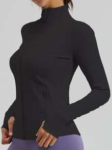 Women's Slim Fit Zip - Up Sports Jacket With 2 ZipperPockets, Lightweight & Stretchy For Yoga, Gym - 黑色 - 查看 3