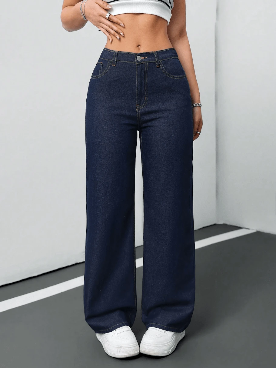 Elegantes jeans de mezclilla de pierna recta larga para mujer, tejido altamente elástico con botón y cremallera para un ajuste elegante. - Azul - Ver 1