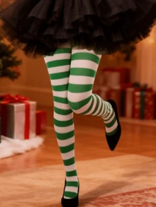 1 pieza Medias de Navidad a rayas verdes y blancas, medias de bastón de caramelo festivas para mujeres, divertidas y llamativas para cosplay navideño (talla única), cómodas - Multicolor - Ver 5