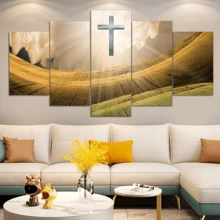5 pièces/set Affiches d'art mural moderne, affiches sur canevas religieuses encadrées ou non encadrées, peinture de paysage de prairie avec croix, ensemble d'impressions d'images modulaires sur canevas, peinture murale œuvre d'art imperméable et sans odeur pour cadeau à la famille et aux amis, chambre à coucher, salon, décoration murale, décoration de la maison et du dortoir